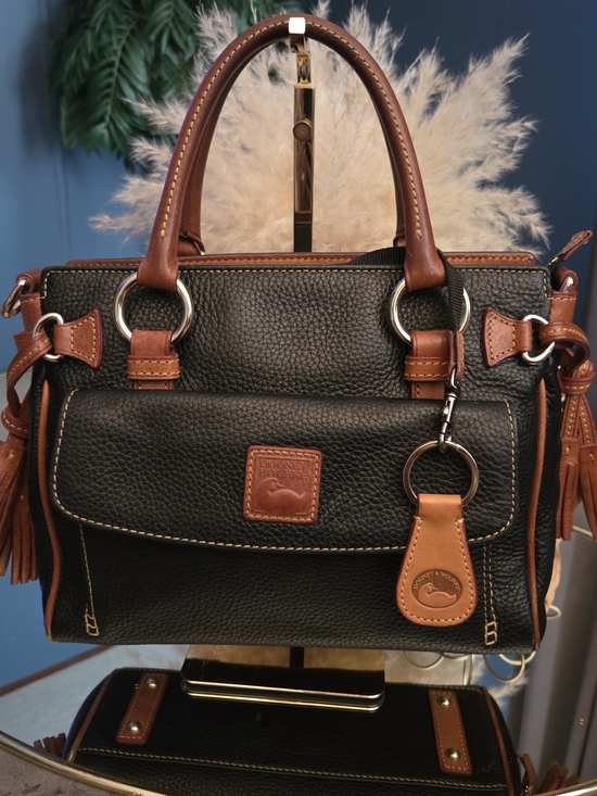 Dooney & Bourke Handbags - Dooney & Bourke Black Pebble Leather Satchel Crossbody British Tan Trim Tassels
